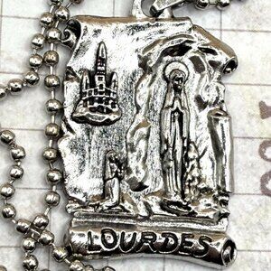 Our Lady of Lourdes Saint St. Christopher Long Silver Religious Medal Necklace